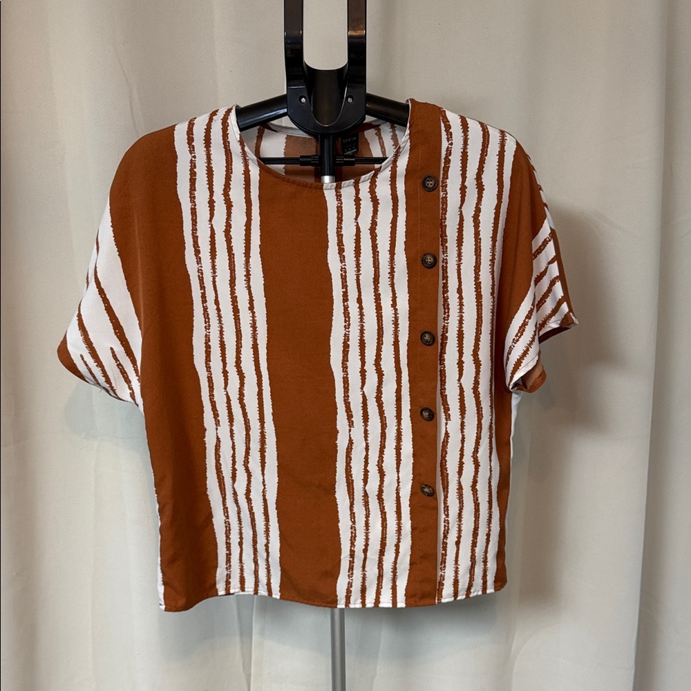 SHEIN Brown and White Striped Button-Up Blouse
